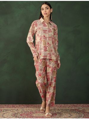 cream and red chanderi printed co ord set fabku20986