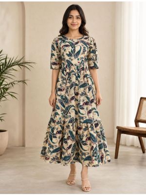 cream and teal rayon fit and flare tiered midi dress fabku21289