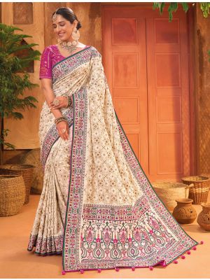 Cream Banarasi Silk Premium Saree With Kutch Work