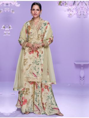 Cream Chinon Silk Free Size Ready To Wear Palazzo Suit small FABSL22398