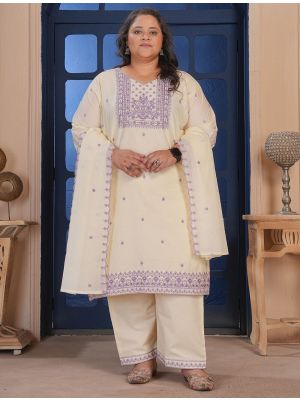 Cream Cotton Embroidered Plus Size Salwar Kameez FABSL22476