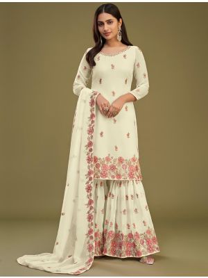 Cream Georgette Semi Stitched Embroidered Sharara Suit small FABSL21679