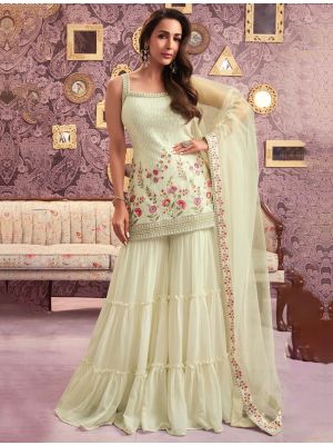 Cream Georgette Semi Stitched Embroidered Sharara Suit small FABSL22000
