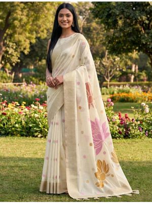 Cream Linen Cotton Elegant Festive Saree