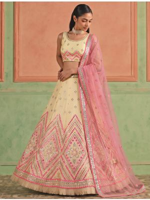Cream Organza Embroidered Lehenga Choli With Foil Mirror Work small FABLE20629