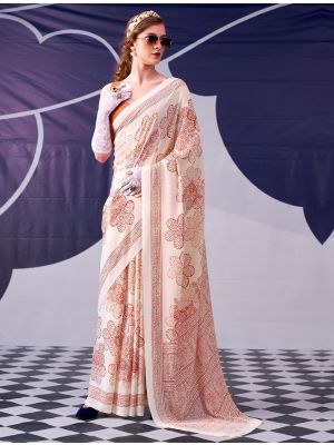 Cream Satin Silk Party Wear Saree
