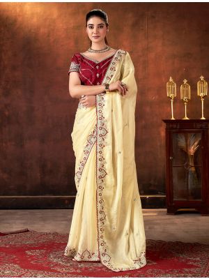 Cream Space Silk Saree With Multi Thread Embroidery