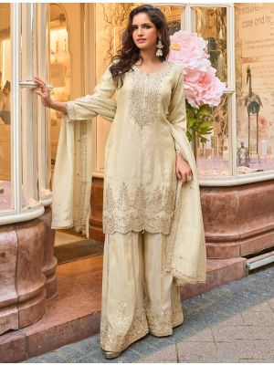 Cream Viscose Free Size Ready To Wear Palazzo Suit small FABSL22394