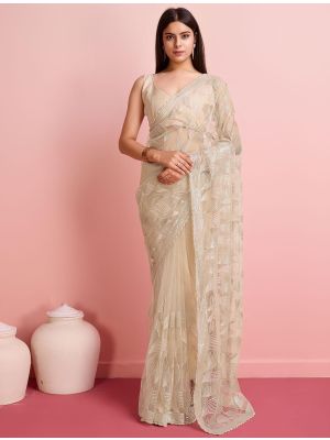 Creamy Beige Soft Net Party Wear Saree With Sequins