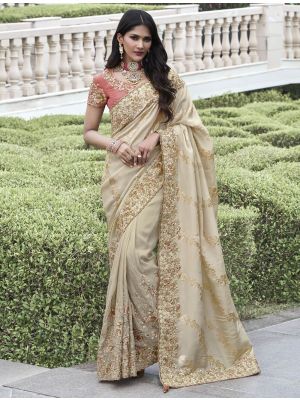 Creamy Beige Tissue Silk Premium Designer Saree