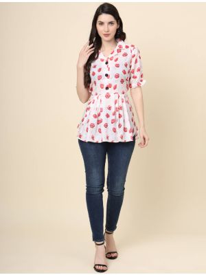 creamy white pure cotton printed short kurti fabku20912