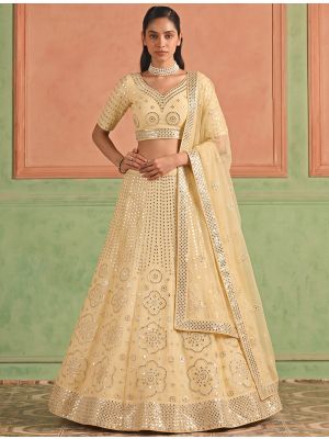 Creamy Yellow Organza Embroidered Lehenga Choli With Foil Mirror Work small FABLE20636