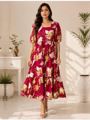 crimson red cotton blend fit and flare tiered midi dress fabku21287