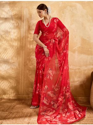 Crimson Red Floral Print Georgette Saree
