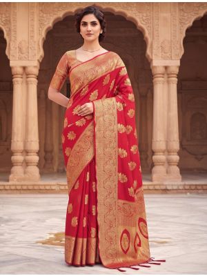 Crimson Red Viscose Silk Saree With Woven Zari Work