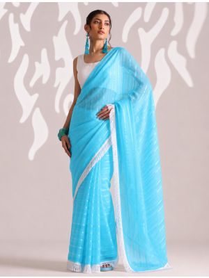 Cyan Blue Chiffon Ready-To-Wear Saree With Unstitched Blouse