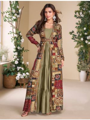 dark beige georgette fusion gown with shrug and belt fabgo20396