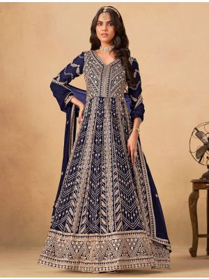 Dark Blue Georgette Semi Stitched Anarkali Suit small FABSL22351