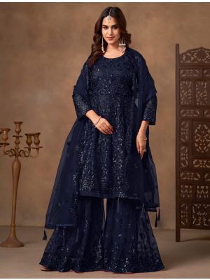 Dark Blue Net Semi Stitched Sharara Suit small FABSL22359