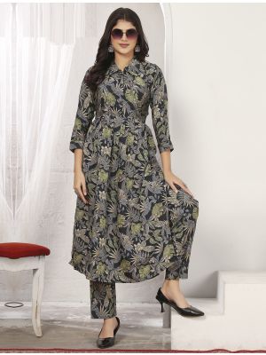 dark blue rayon ethnic co ord set fabku21076
