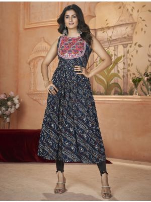 dark blue rayon festive kurti with thread and mirror work fabku21034