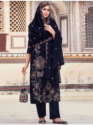 Dark Blue Velvet Embroidered Designer Salwar Kameez small FABSL21656
