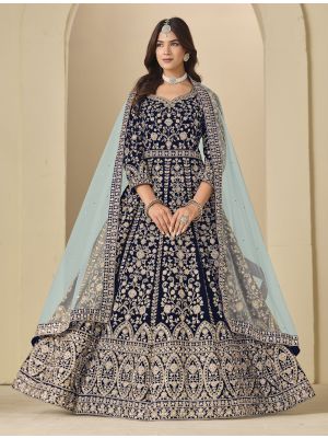 Dark Blue Velvet Semi Stitched Anarkali Suit small FABSL22355