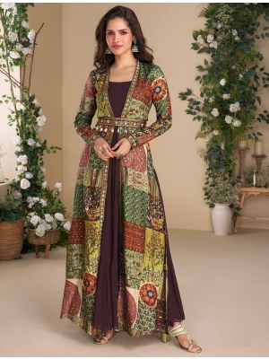 dark brown georgette fusion gown with shrug and belt fabgo20398