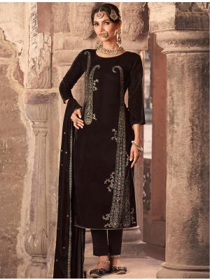 Dark Brown Velvet Salwar Kameez With Thread Work And Zari small FABSL21663