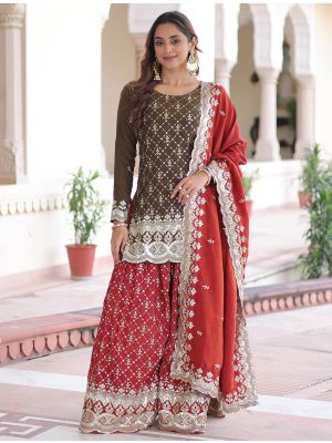 Dark Brown Vichitra Silk Embroidered Ready To Wear Palazzo Suit FABSL22384