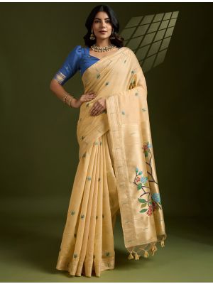 Dark Cream Muga Cotton Saree With Paithani Weaving