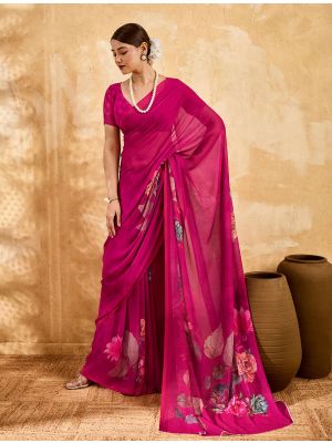 Dark Fuchsia Floral Print Georgette Saree