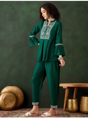 dark green chinon embroidered co ord set fabku20992