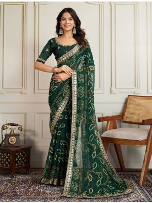 Dark Green Georgette Bandhani Print Saree With Zari And Sequin