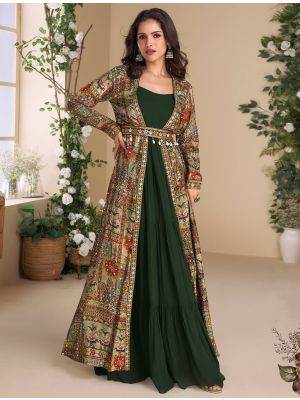 dark green georgette fusion gown with shrug and belt fabgo20399