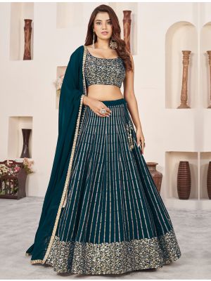 Dark Green Georgette Lehenga Choli with Zari And Sequins small FABLE20418
