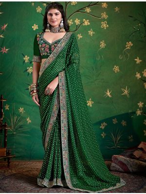 Dark Green Georgette Printed Saree With Embroidery