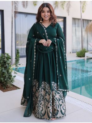 dark green rangoli crush flared gown with dupatta fabgo20437