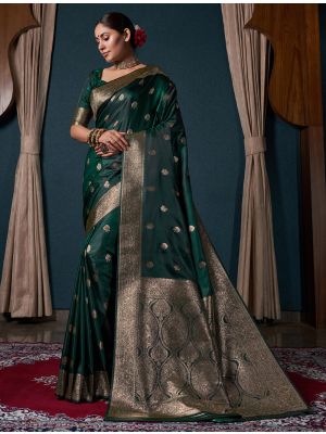 Dark Green Satin Silk Premium Saree With Zari Work