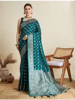 Dark Green Satin Silk Saree With Woven Zari