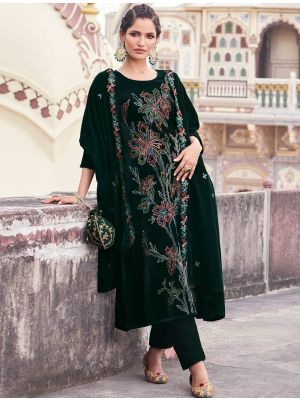 Dark Green Velvet Embroidered Designer Salwar Kameez small FABSL21654