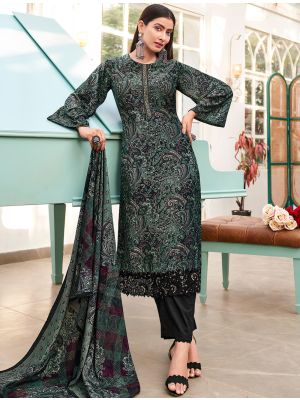 Dark Green Velvet Printed Salwar Kameez With Thread Work small FABSL21648