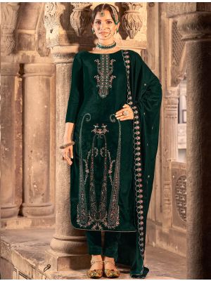 Dark Green Velvet Salwar Kameez With Thread Work And Zari small FABSL21665