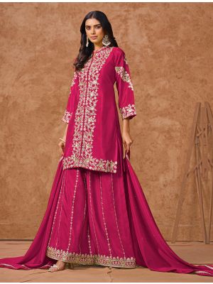 Dark Hot Pink Chinon Semi Stitched Palazzo Suit small FABSL22130