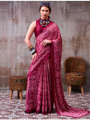 Dark Magenta Satin Silk Party Wear Saree