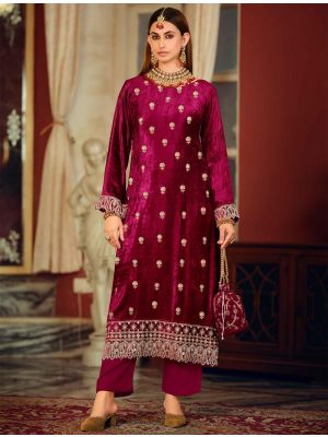 Dark Magenta Velvet Designer Salwar Kameez With Zardosi Work small FABSL22335
