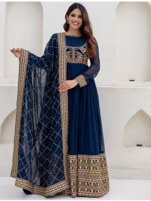 dark navy blue georgette embroidered anarkali gown with dupatta fabgo20452