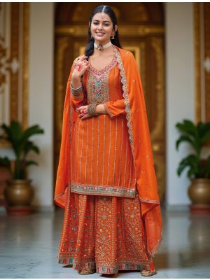 Dark Orange Chinon Ready To Wear Palazzo Suit FABSL22292