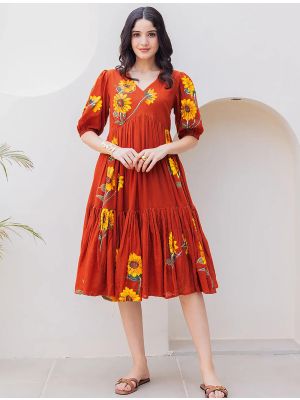 dark orange kota checks digital printed frock swatch fabku21151