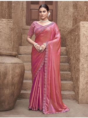 Dark Peach Satin Silk Premium Saree With Stitched Blouse